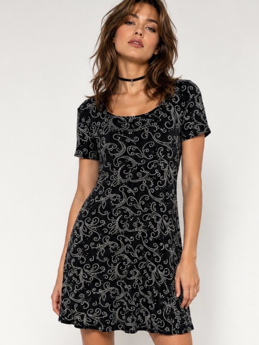 VINTAGE 90's Y2K Black Paisley Short Sleeve Dark Romantic Scoop Neck Dress
